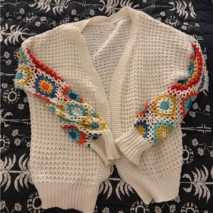 Debut Cream Cardigan with Colorful Crochet Sleeves